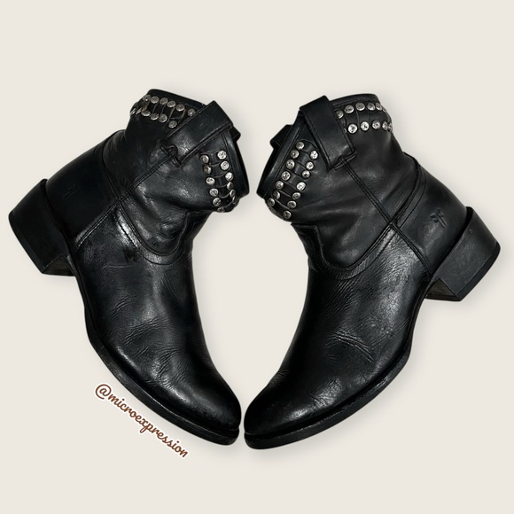 RARE Frye Diana Vintage Distressed Black Leather Stud Pull-On Cowgirl Ankle Boot - Picture 16 of 16
